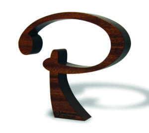 Sustainable wooden award shaped like the letter P